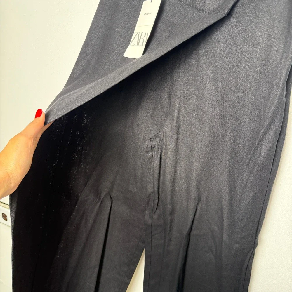 Zara Womens Black Linen Blend Wide Leg Wrap Front Asymmetric Trousers Size S NEW